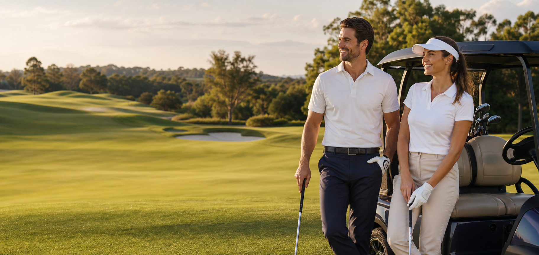 Zwei Golfspieler geniessen eine entspannte Runde mit Golfcart auf einem sonnigen Golfplatz.